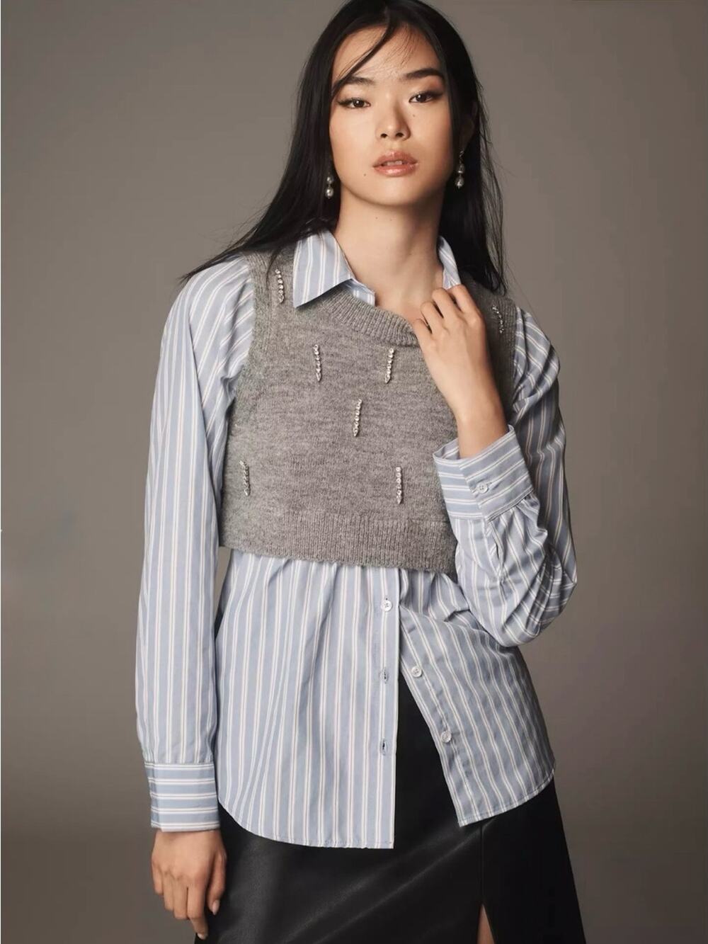 Maeve | Embellished Crop Vest & Buttondown Twofer Top Size M